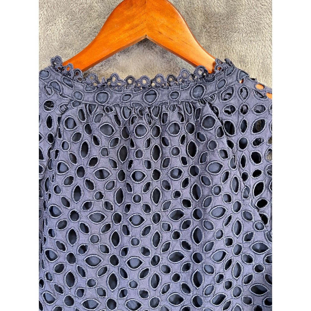 J Crew Tiered Embroidered Eyelet Dress Medium Navy Blue Mini Popover - Picture 8 of 10